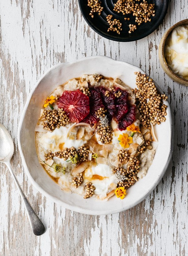 Three-grain, coconut and apple porridge with honey and cinnamon roasted kasha