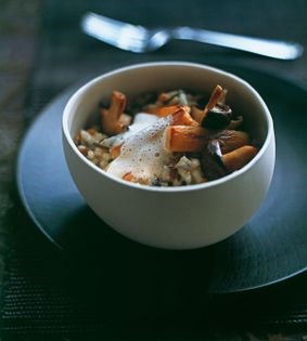 Three grain risotto with pan-roasted salsify, shiitake mushrooms and vanilla-hazelnut foam
