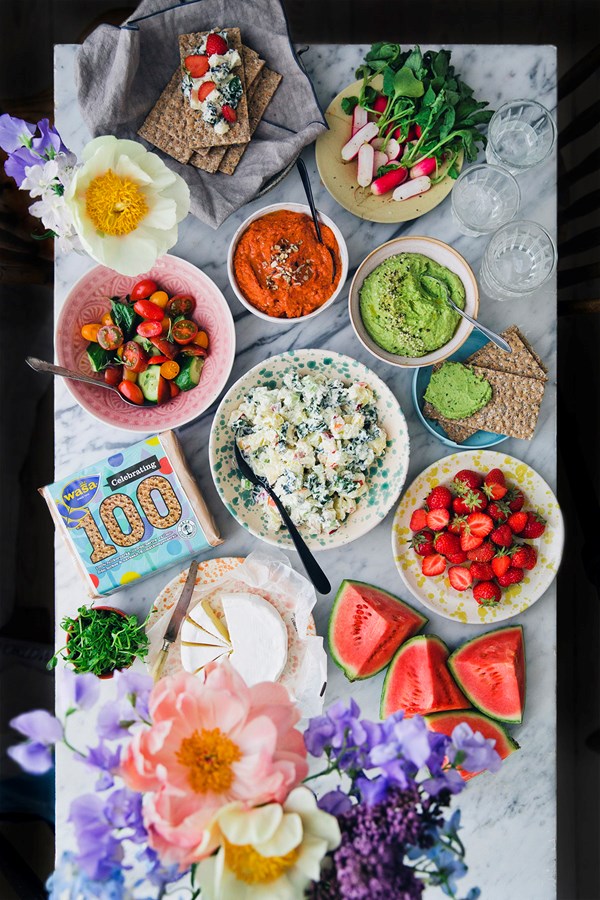 Three great summer spreads [green pea and herb hummus; creamy Swedish summer spread; roasted pepper and sunflower spread]