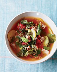 Three-greens soup with sausage and potatoes