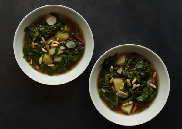 Three-greens soup with spinach gremolata