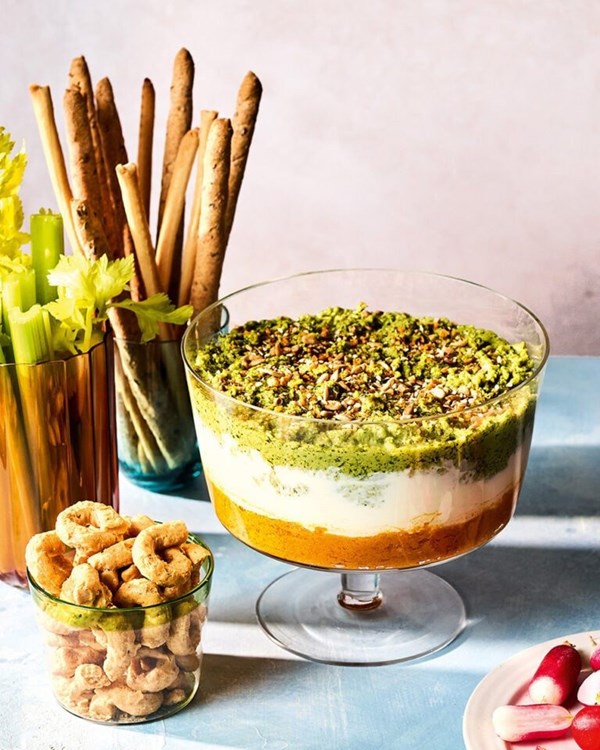 Three-layer smoky carrot, feta and chermoula houmous dip