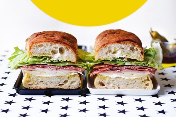 Three-meat ciabatta with pickled jalapeño