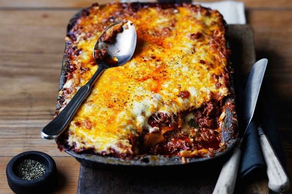Three-meat, three-cheese lasagne