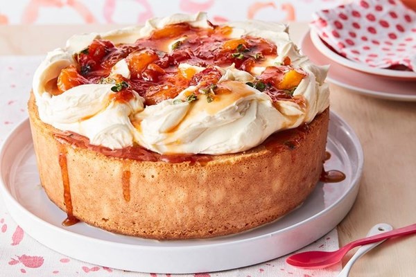 Three-milk cake with peach & lemon thyme jam