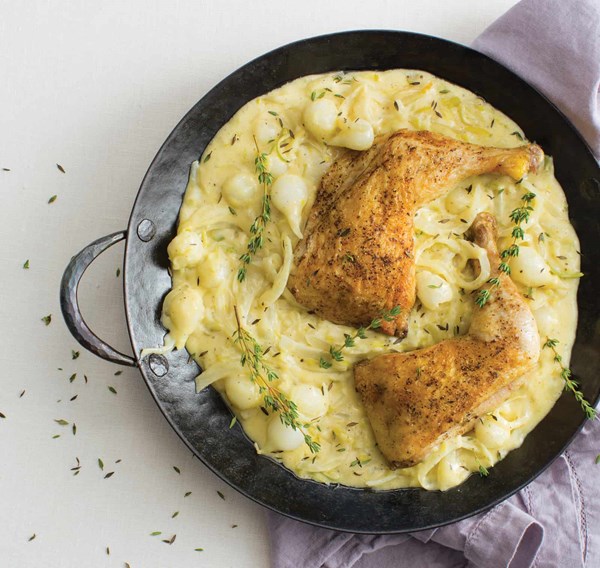Three-onion braised chicken with mustard-mascarpone sauce