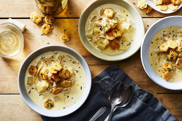 Three onion chowder with parsleyed oyster crackers