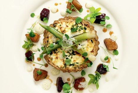 Three-onion tart (Three-onion, goat's cheese and marjoram tart with roasted beets and braised leeks)