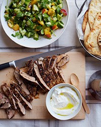 Three-pepper pork tenderloin with peach-cucumber salad