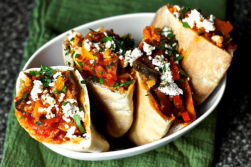 Three pepper shakshuka pita with feta and za’atar