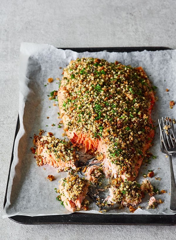 Three-seed, Parmesan and walnut crusted salmon