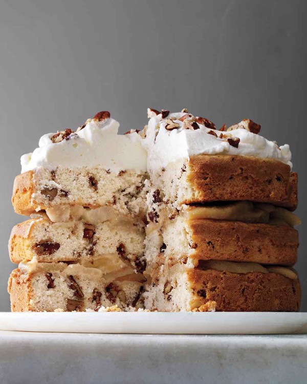 Three-tier candied-pecan cake with brown-butter pears