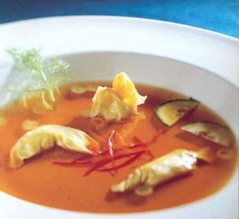 Three wontons in a ginger broth