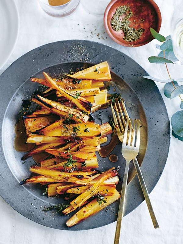 Thyme and Champagne-roasted parsnips