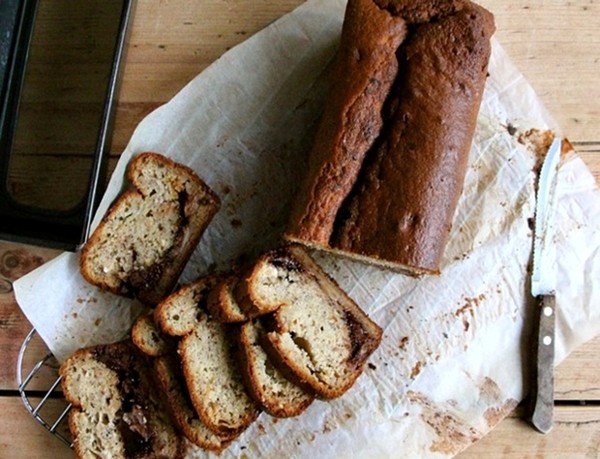 Thyme, banana and hazelnut cake with chocolate spread and halva