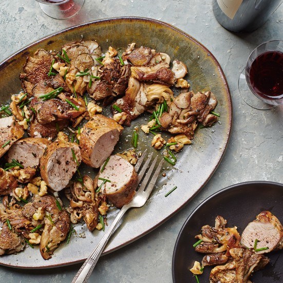 Thyme-basted pork tenderloin with oyster mushrooms