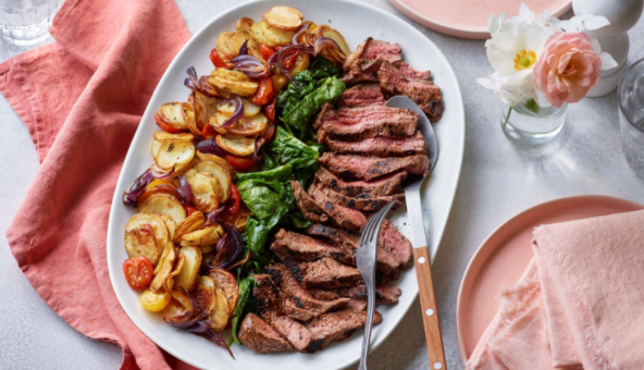 Thyme bavette steak with potatoes and wilted spinach