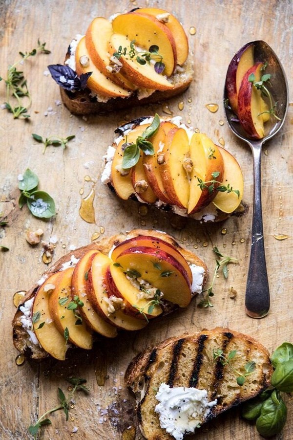 Thyme honey, peach, and goat cheese crostini