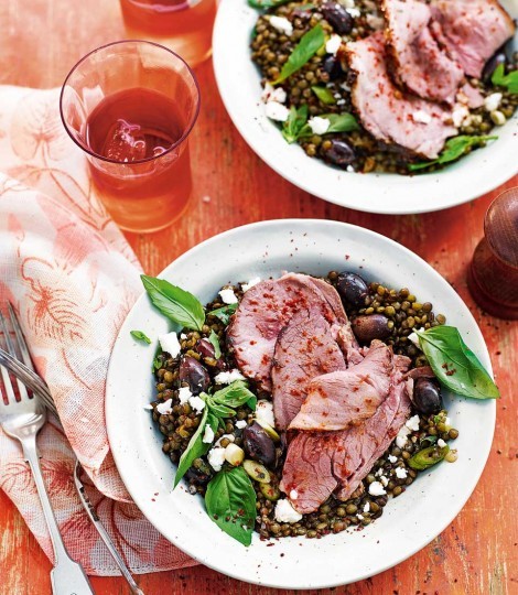 Thyme roast lamb with lentils, feta, olives and herbs