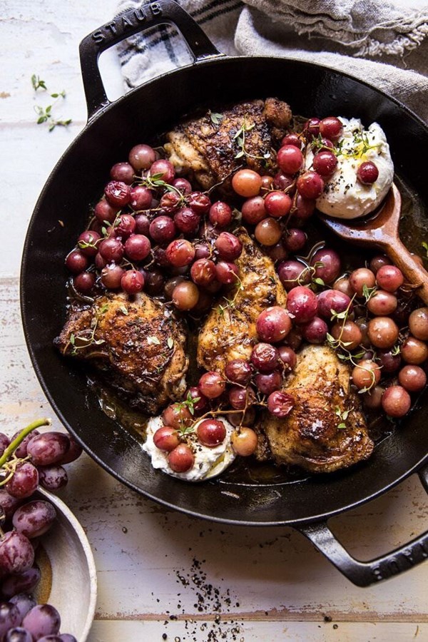 Thyme roasted chicken with grapes and burrata