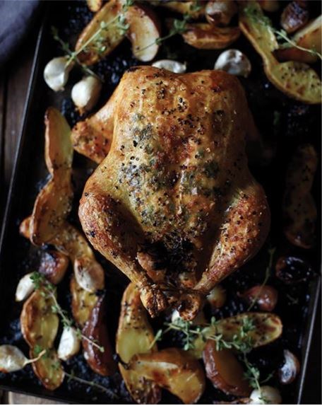 Thyme-roasted chicken with pears