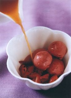 Thyme-scented strawberries with melon soup and strawberry sorbet