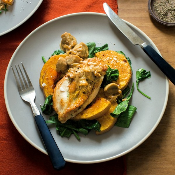 Thyme-stuffed chicken, butternut and spinach with mushroom sauce