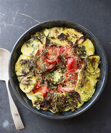 Tian of squash, zucchini, tomato, and basil