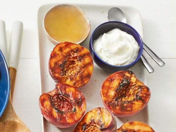 Tiffany Derry's grilled peaches with moonshine syrup and sorghum yogurt