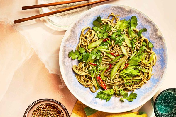 Tiger salad with green tea noodles