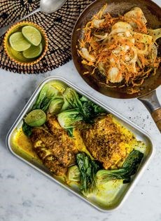 Tikka fish and pak choi with carrot, fennel and mustard stir-fry