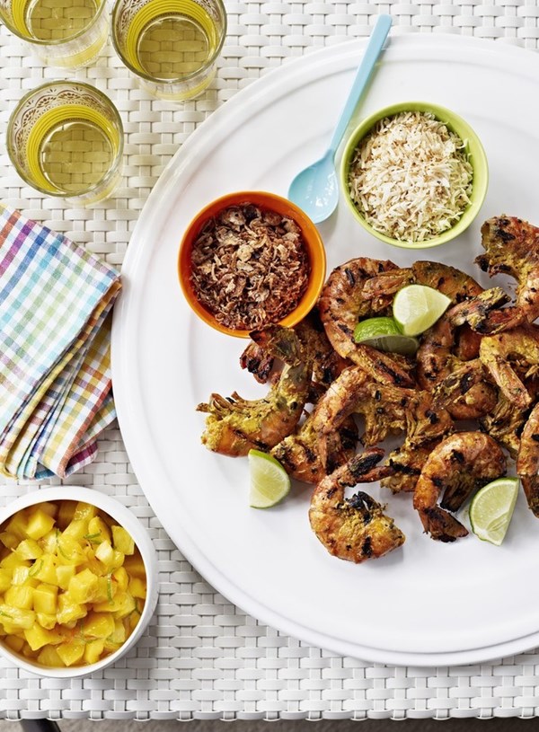 Tikka prawns with mango and pineapple salsa
