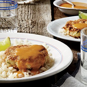 Tilapia cakes with mango-coconut curry sauce