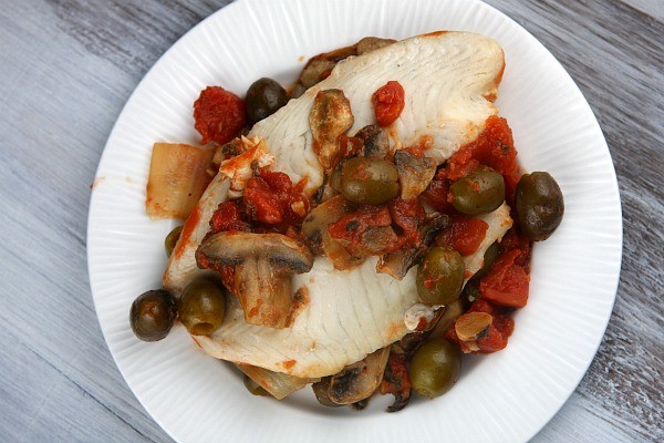 Tilapia with olive, mushroom & tomato sauce