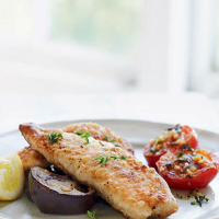 Tilapia with roasted aubergines and tomatoes