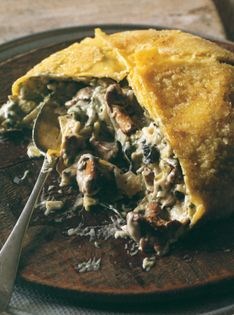 Timpano with spring leeks and wild mushrooms
