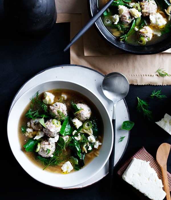 Tiny chicken meatball and orzo soup with silverbeet and feta