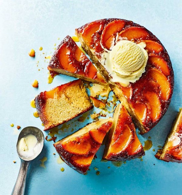 Tipsy peach upside-down cake