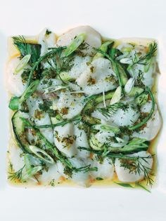 Tiradito of scallops & sea bass with samphire, dill & burnt cucumber & yuzu leche de tigre