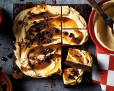 Tiramisu brownie with chocolate-coated coffee beans