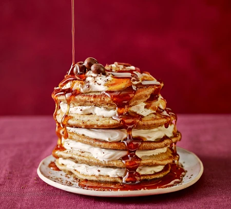 Tiramisu pancakes with maple coffee drizzle
