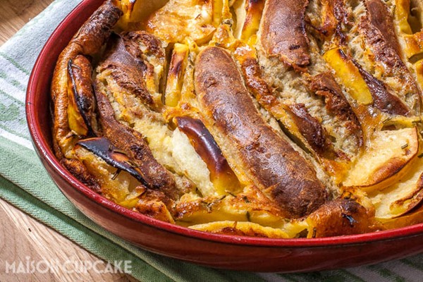 Toad in the hole with bratwurst Bramley apples