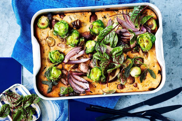 Toad in the hole with Brussels sprouts