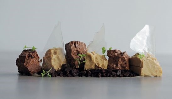Toast custard with chocolate parfait and lychee purée