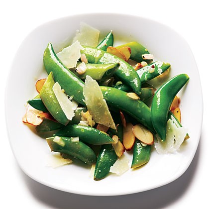 Toasted almond and pecorino snap peas