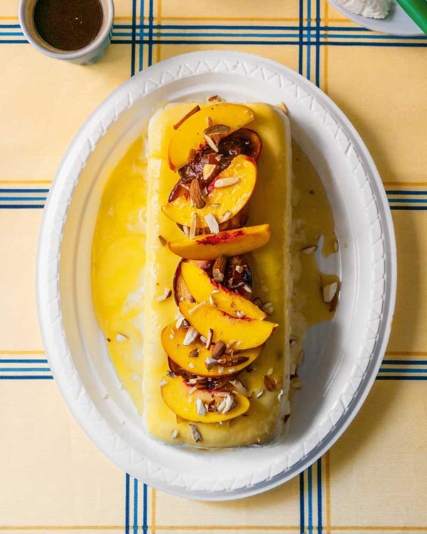 Toasted almond semi-freddo with nectarines