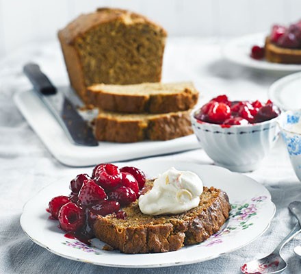 Toasted banana bread with vanilla ricotta & raspberries