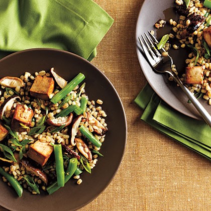 Toasted barley, green bean, and shiitake salad with tofu