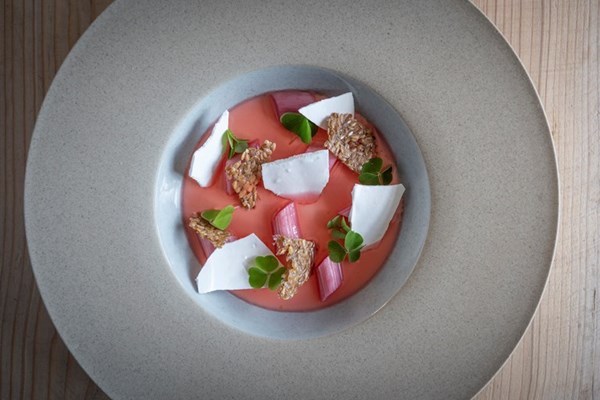 Toasted barley set cream with rhubarb and linseed