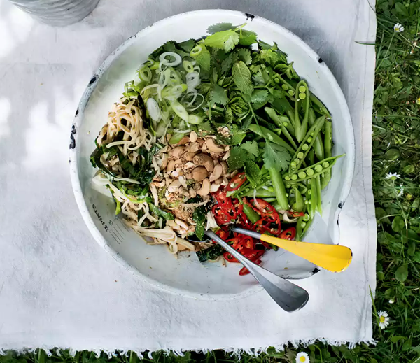 Toasted cashew and coconut greens noodle salad